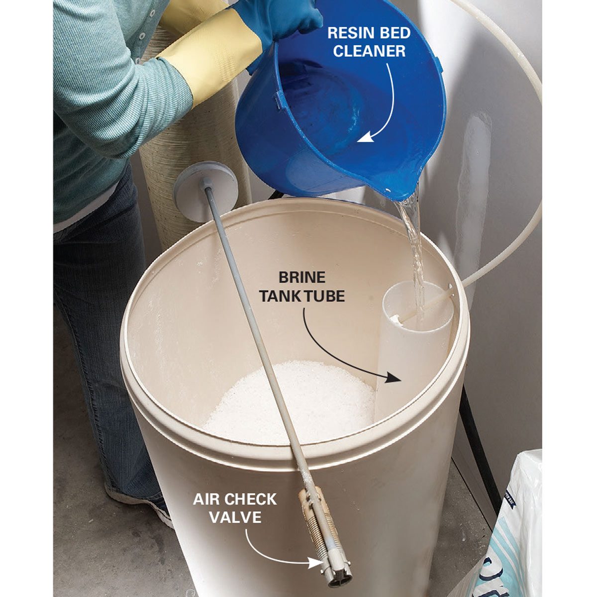 A person pours liquid from a blue bucket into a container labeled with various components, indicating a cleaning process in a utility space.