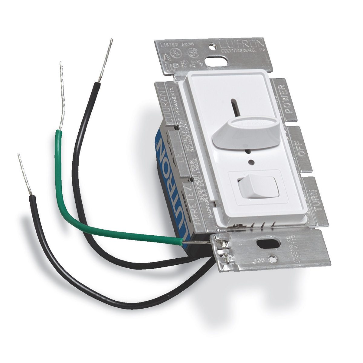 A light dimmer switch with a rotating knob and two attached wires, placed against a silver mounting plate, ready for installation in a wall.