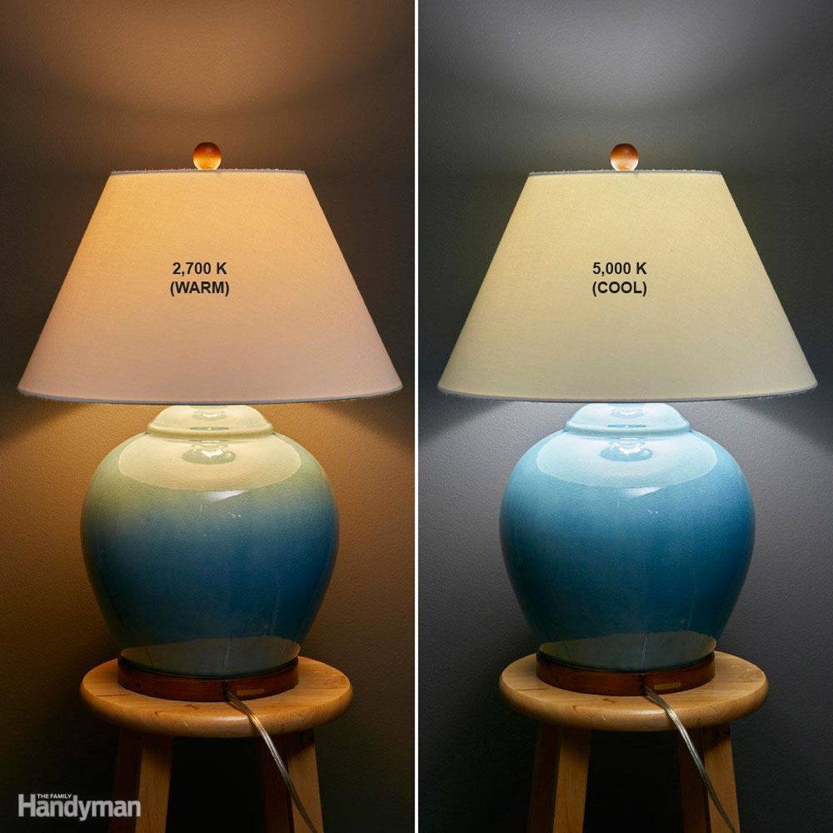 A lamp with a blue ceramic base emits two light temperatures: warm (2,700 K) on one side, cool (5,000 K) on the other, placed on a wooden stool.