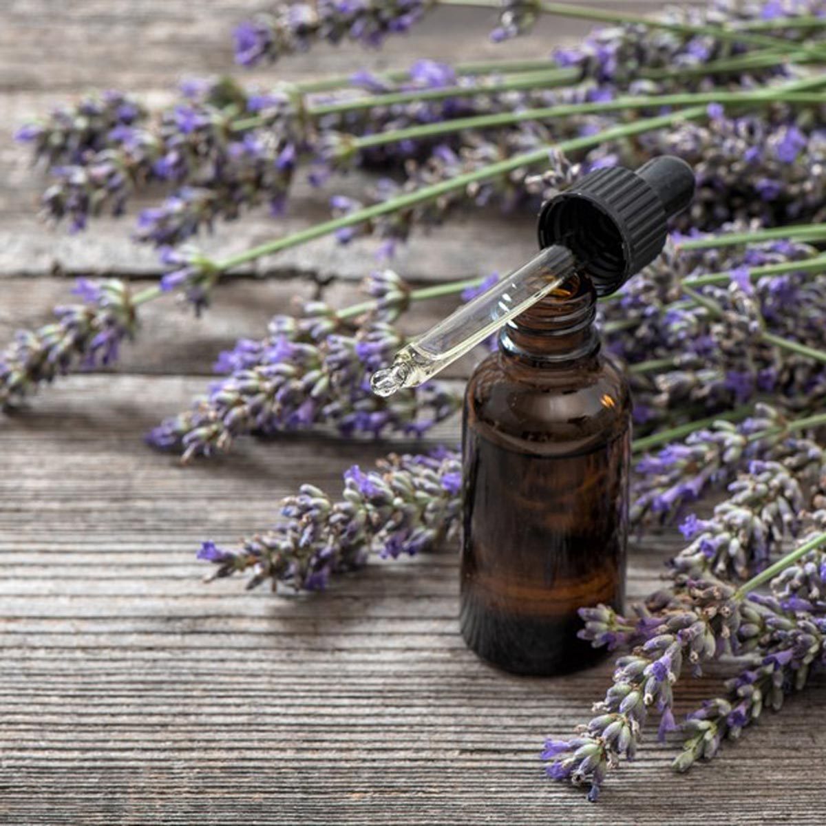 A brown glass bottle with a dropper sits among sprigs of lavender flowers on a wooden surface, suggesting an aromatic or herbal context.
