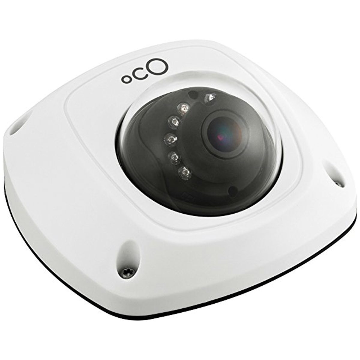 A security camera is mounted on a surface, capturing footage in its vicinity. It features a dome lens and integrated LED lights for illumination.