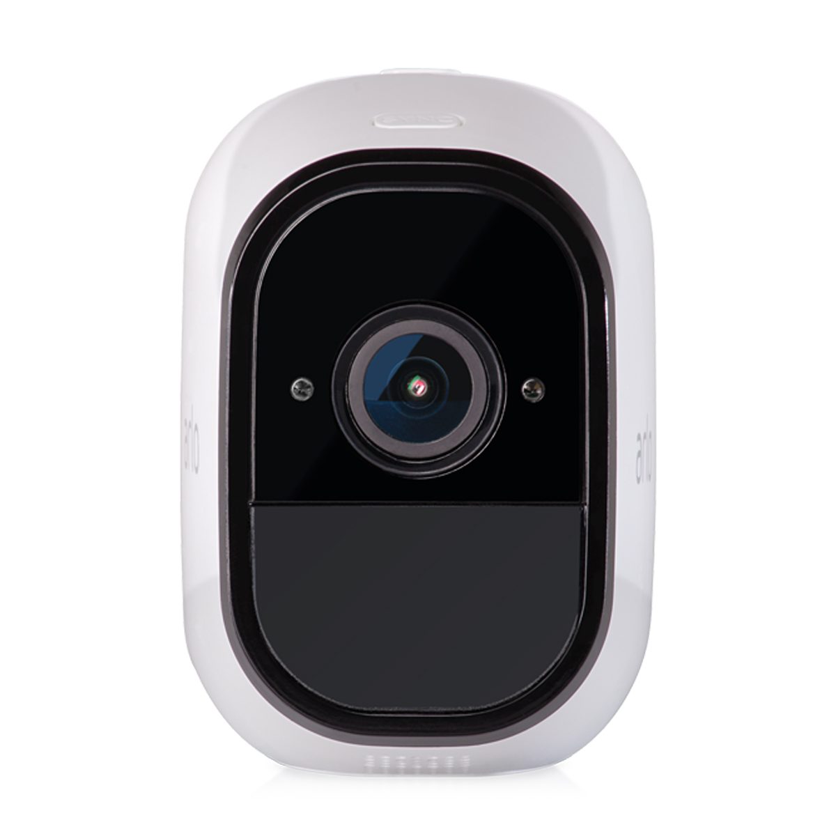 A white security camera sits upright, featuring a lens and a black panel, designed for monitoring and capturing images in various environments.