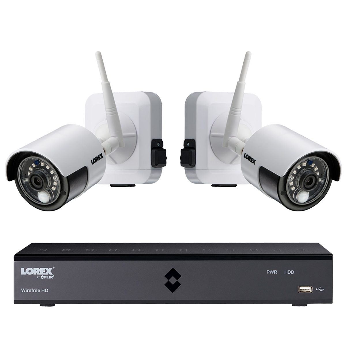 Two white security cameras are mounted on walls, transmitting visuals to a black recording device below them, designed for monitoring and surveillance.