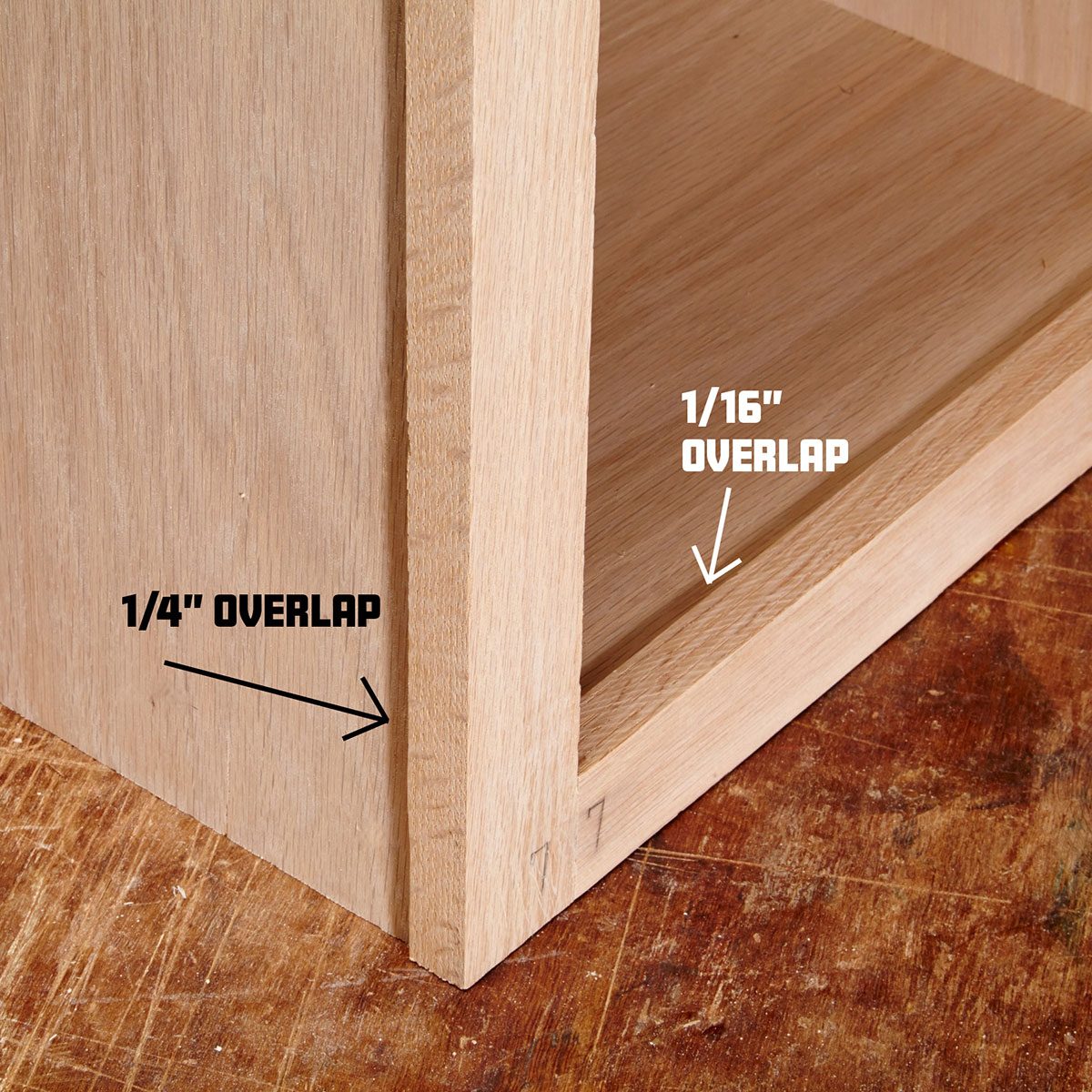 A wooden cabinet corner shows measurement overlaps: 1/4” and 1/16”, on a textured wooden surface. The cabinet has a clean, natural finish.