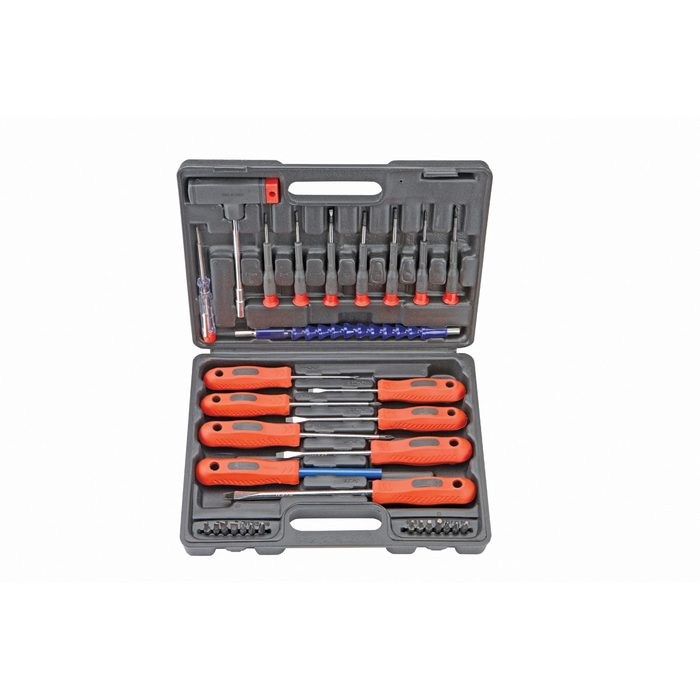 A toolbox displays various hand tools, organized neatly in a case, offering a range of sizes for diverse mechanical tasks.