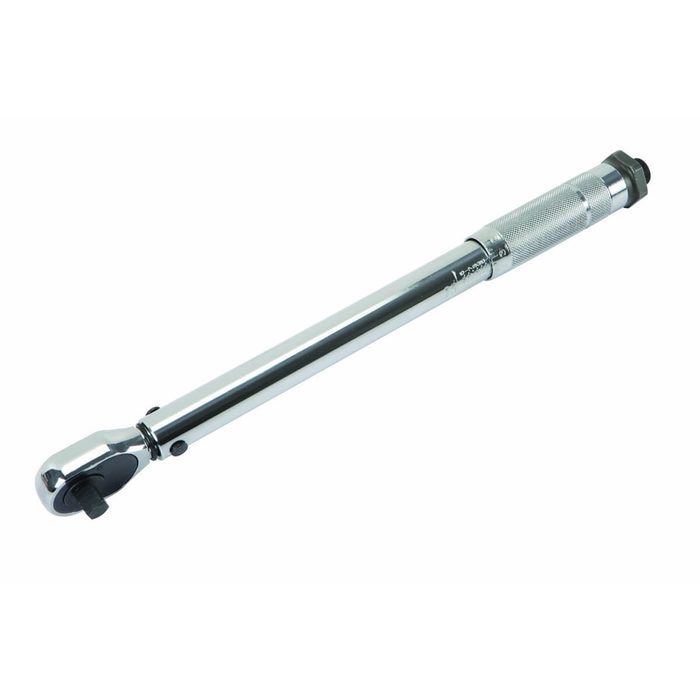 A chrome ratchet wrench lies horizontally, designed for tightening or loosening bolts in mechanical or automotive contexts.