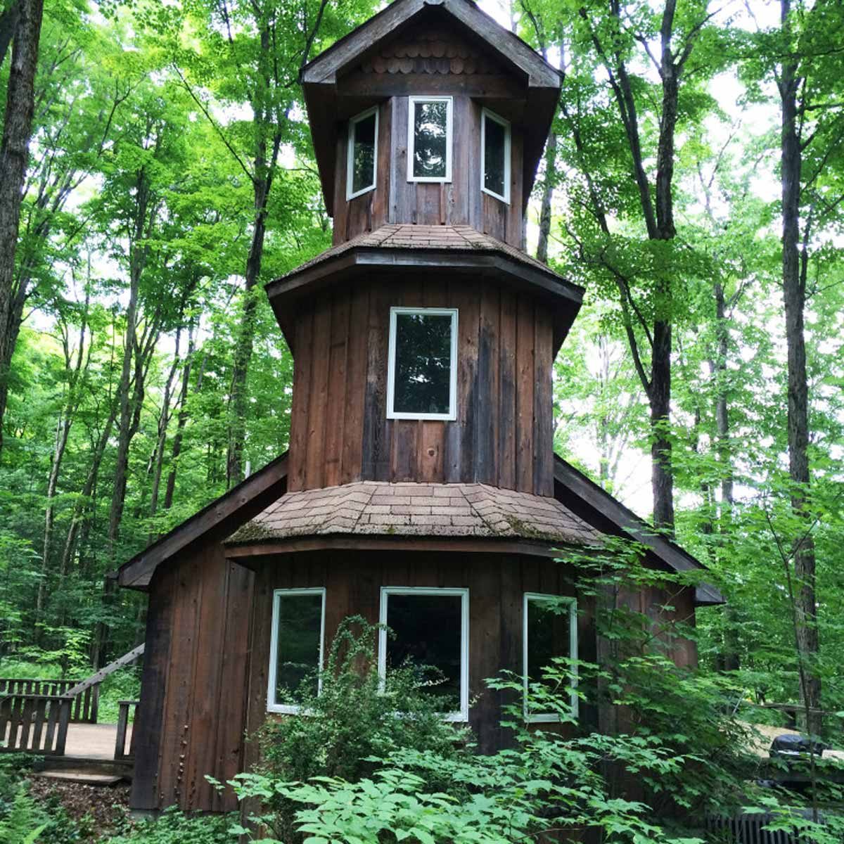 A wooden, multi-story cabin stands in a lush green forest, surrounded by trees and plants, with many windows and a wooden pathway leading nearby.