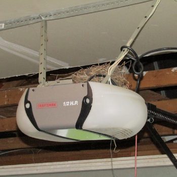 A garage door opener hangs from the ceiling, entangled with wires and surrounded by wooden beams, while a nest rests atop the unit.