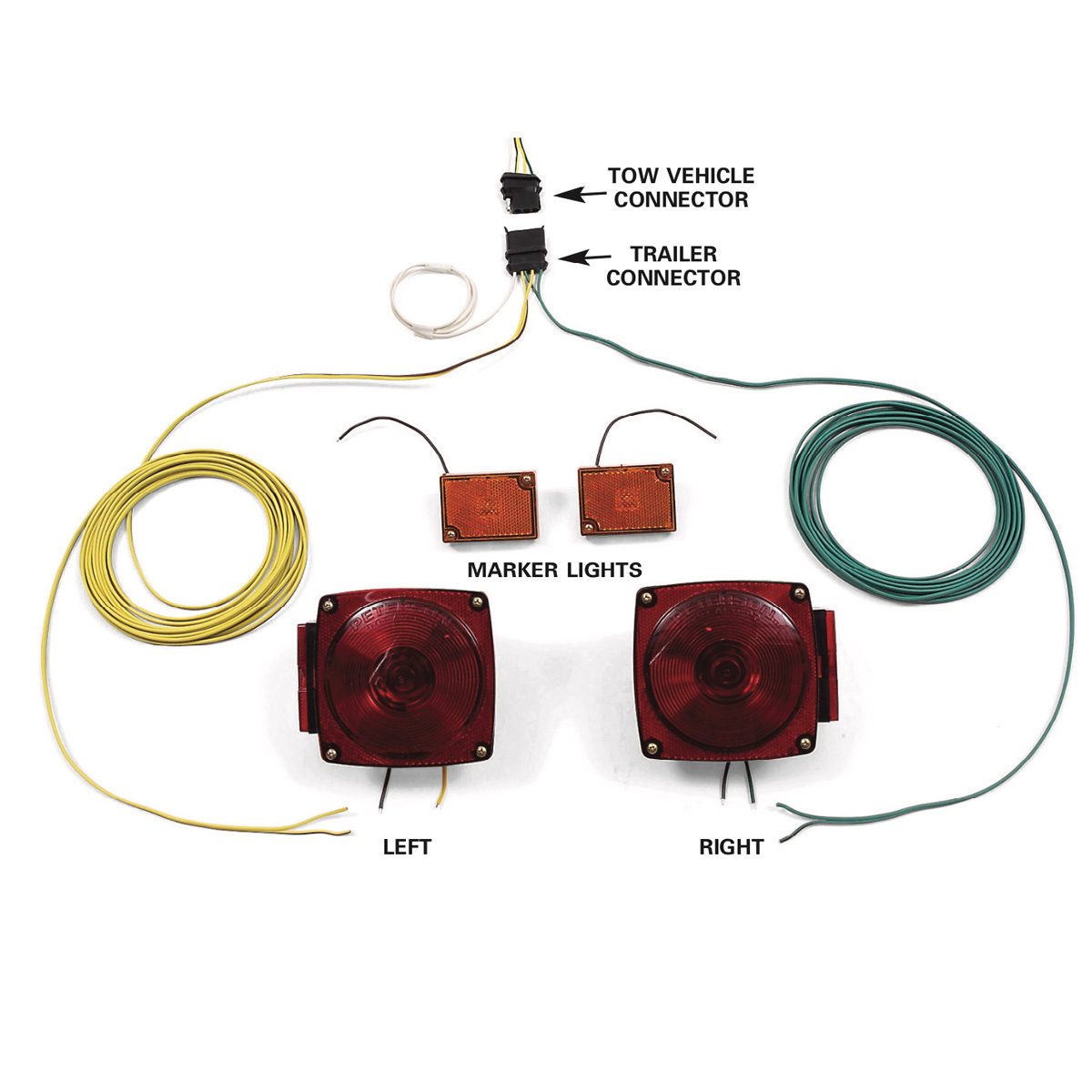 Red marker lights and wiring connectors are displayed on a white background, with labels indicating left, right, tow vehicle, and trailer connectors.