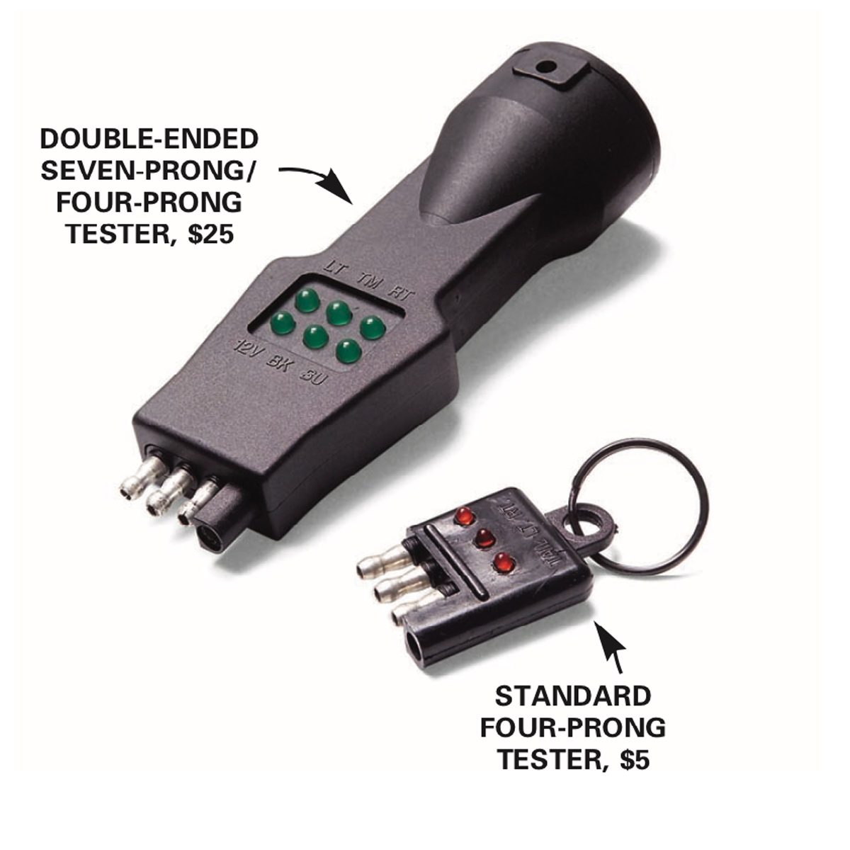 Two electrical testers are displayed: a larger double-ended model with LED indicators and a smaller four-prong tester attached to a key ring, labeled with prices.