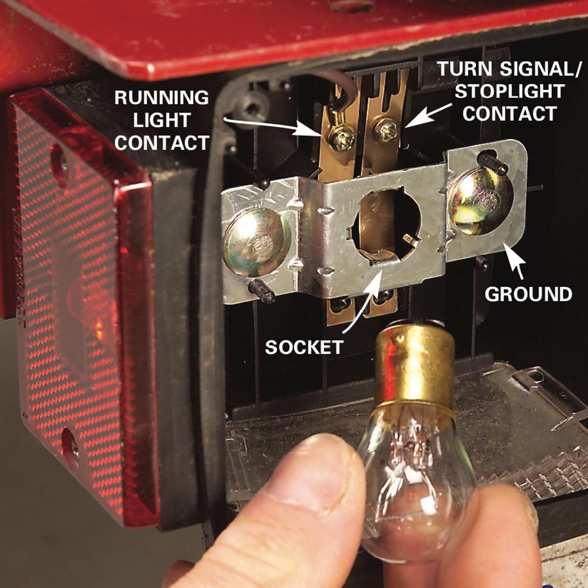 A hand holds a light bulb near a socket inside a vehicle's tail light. Labels indicate various contacts and connections for functionality.