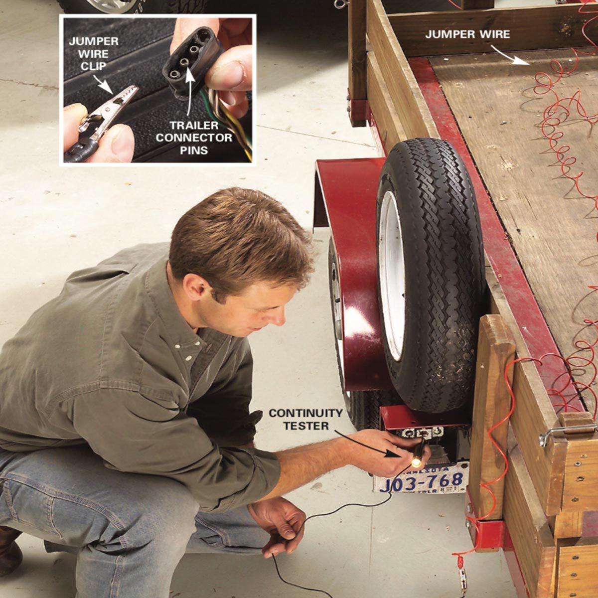 A man uses a continuity tester on a trailer's electrical connector while kneeling beside it, with tools and a tire visible in the garage setting.