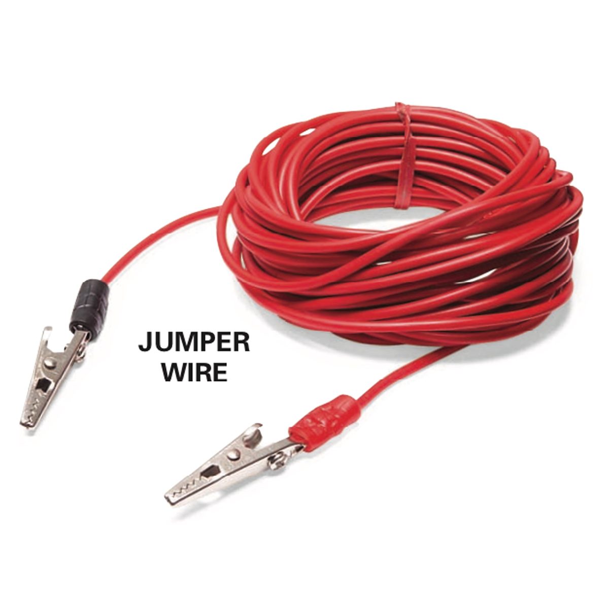 A coiled red jumper wire connects two metallic clips at each end, intended for electrical connections, against a neutral background.