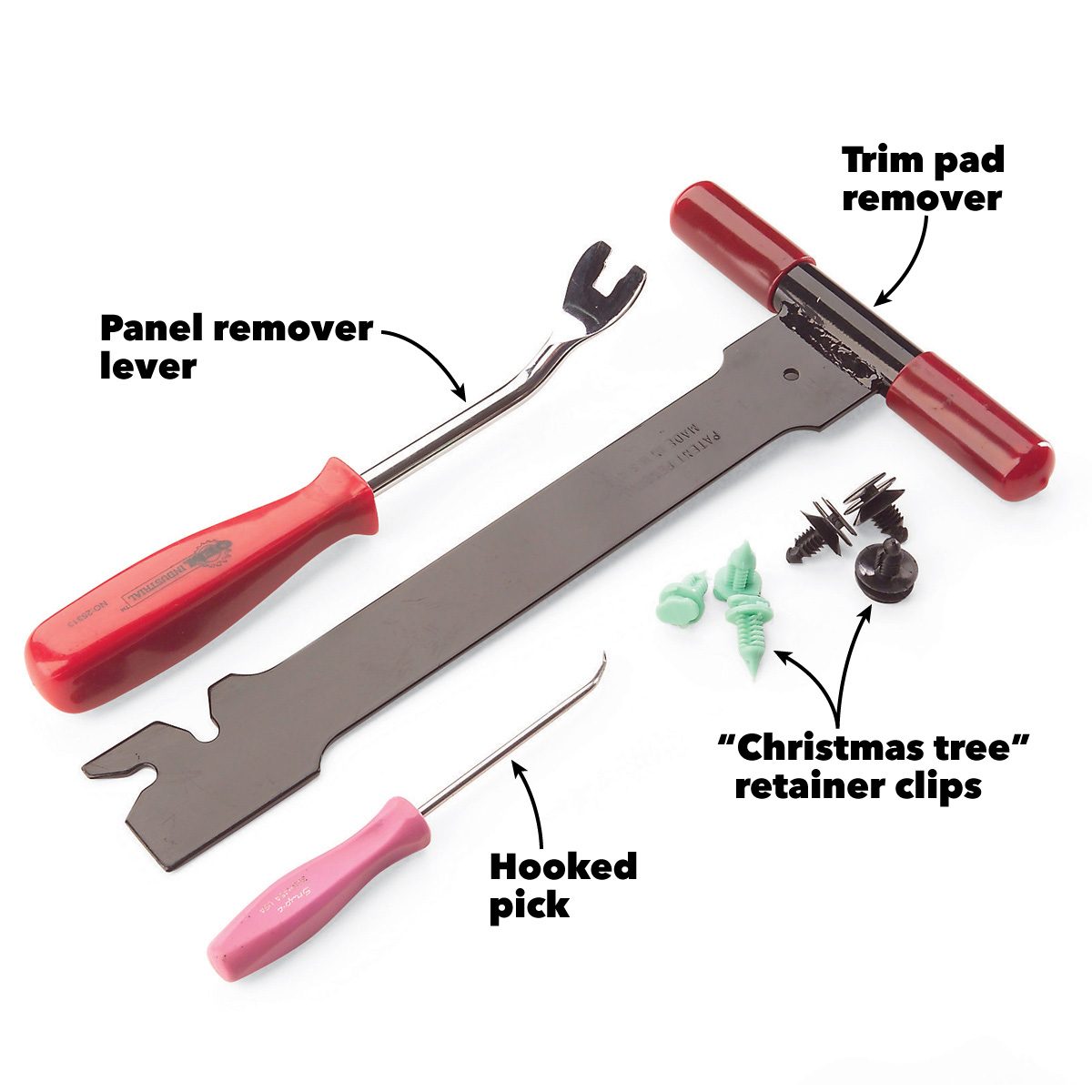 Various automotive tools are arranged, including a panel remover lever and hooked pick, alongside trim pad remover tools and clips, on a neutral background.