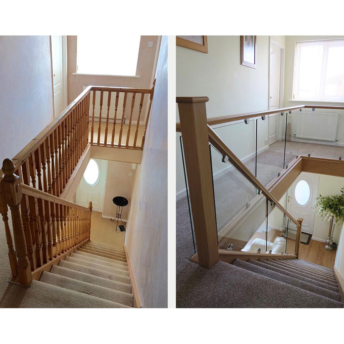 Stairs descend steeply with wooden and glass railings. Bright hallway features a round door and a small table, enhancing the airy ambiance.