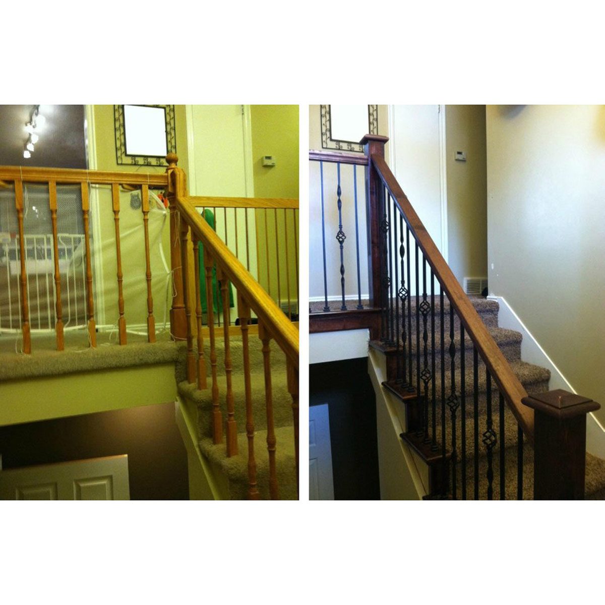 Stairs feature contrasting railings: wooden spindles on the left, black metal bars on the right. The surrounding area includes walls and carpet, enhancing the staircase's focus.