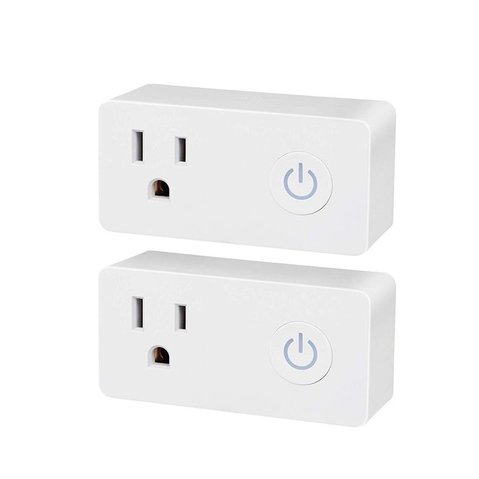 Two white power outlets are stacked, each with a single outlet and a blue power button, designed for connecting electrical devices in a home or office environment.