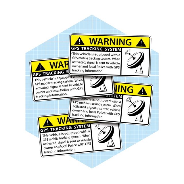 Yellow warning signs stacked together indicate a GPS tracking system, informing that signals are sent to the vehicle owner and local police when activated.