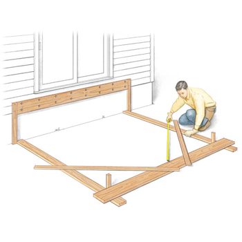 A man measures wooden planks while constructing a framework beside a house, preparing for a building project near a door.