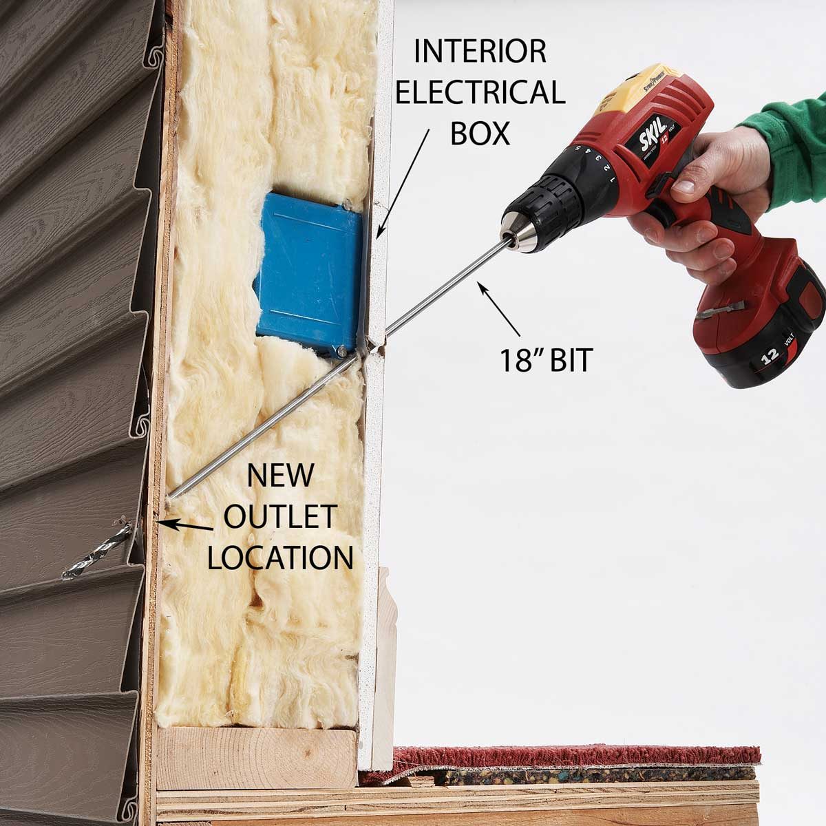 A cordless drill is boring a hole through wall insulation towards an electrical box labeled for a new outlet location, revealing construction details.