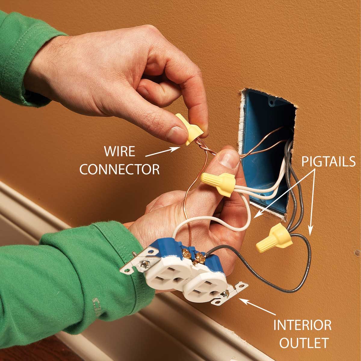 A person connects wires using a yellow wire connector near an electrical outlet in a wall, with pigtails visible inside the outlet box.