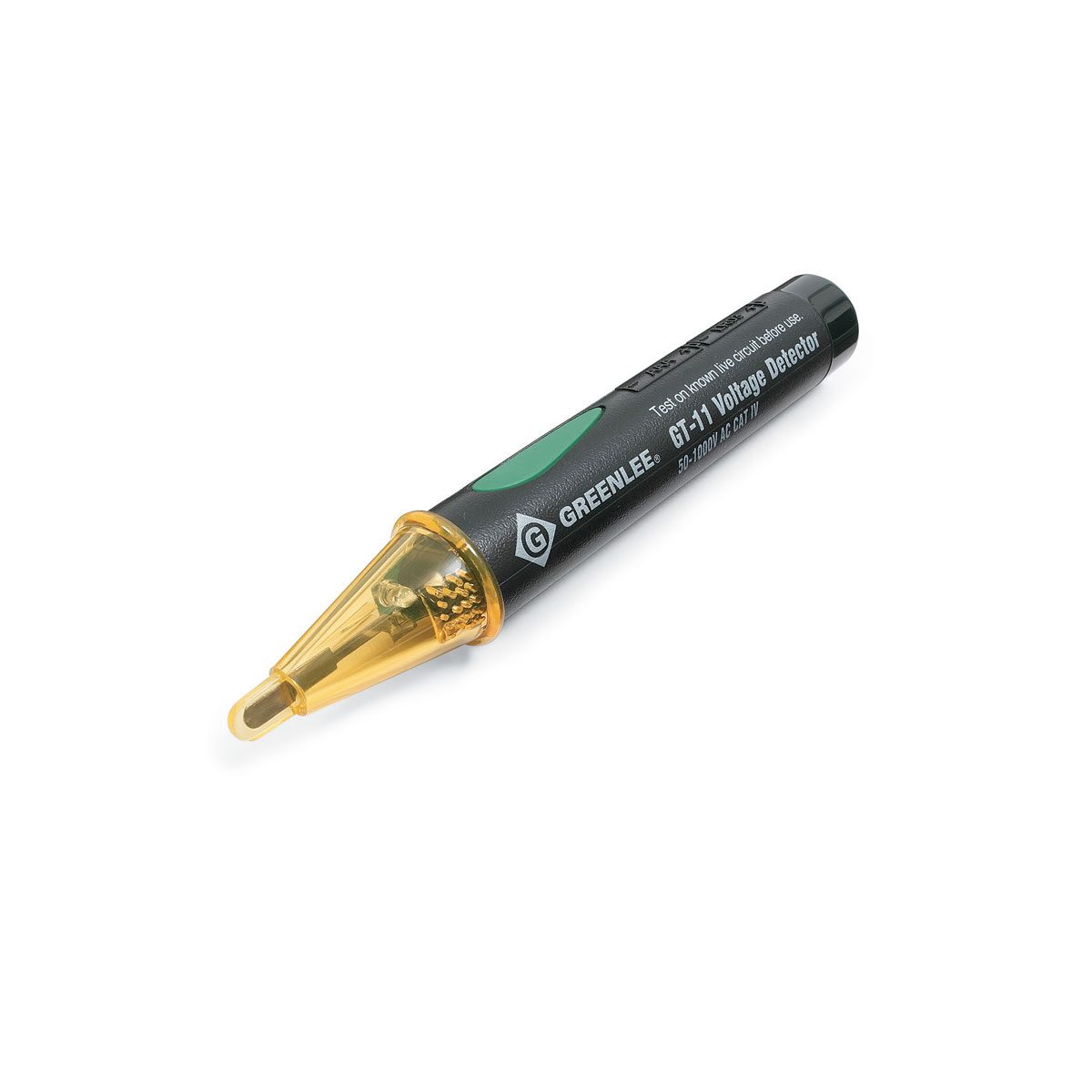 A voltage detector is positioned on a white background, featuring a black body with a yellow tip, designed for testing electrical circuits.