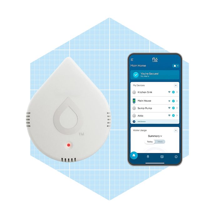 A white water sensor is displayed alongside a smartphone showing a security app interface, set against a light blue grid background.