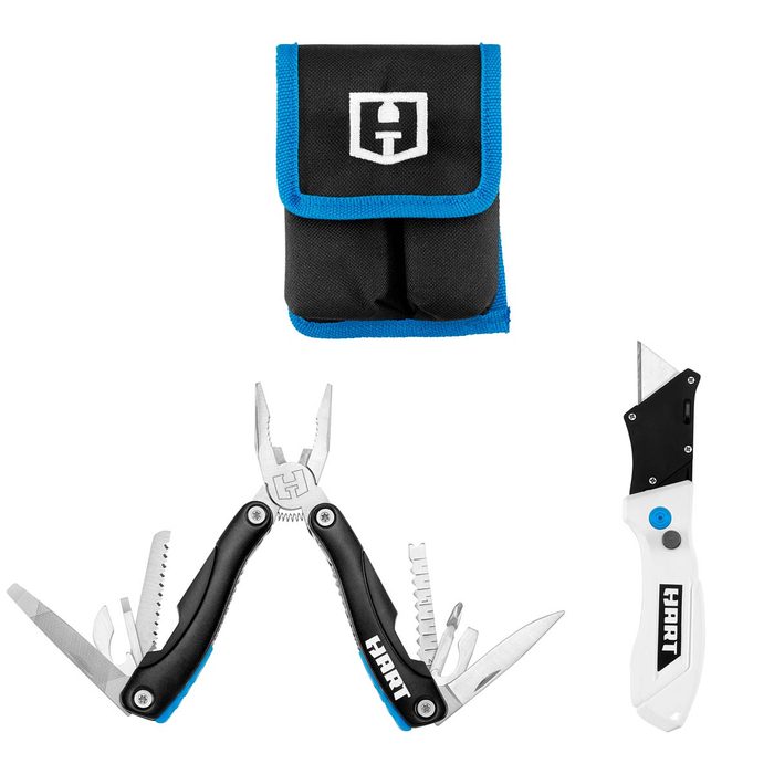 A multi-tool with pliers is open, displaying various tools; a utility knife is beside it, and a black carrying pouch is above.
