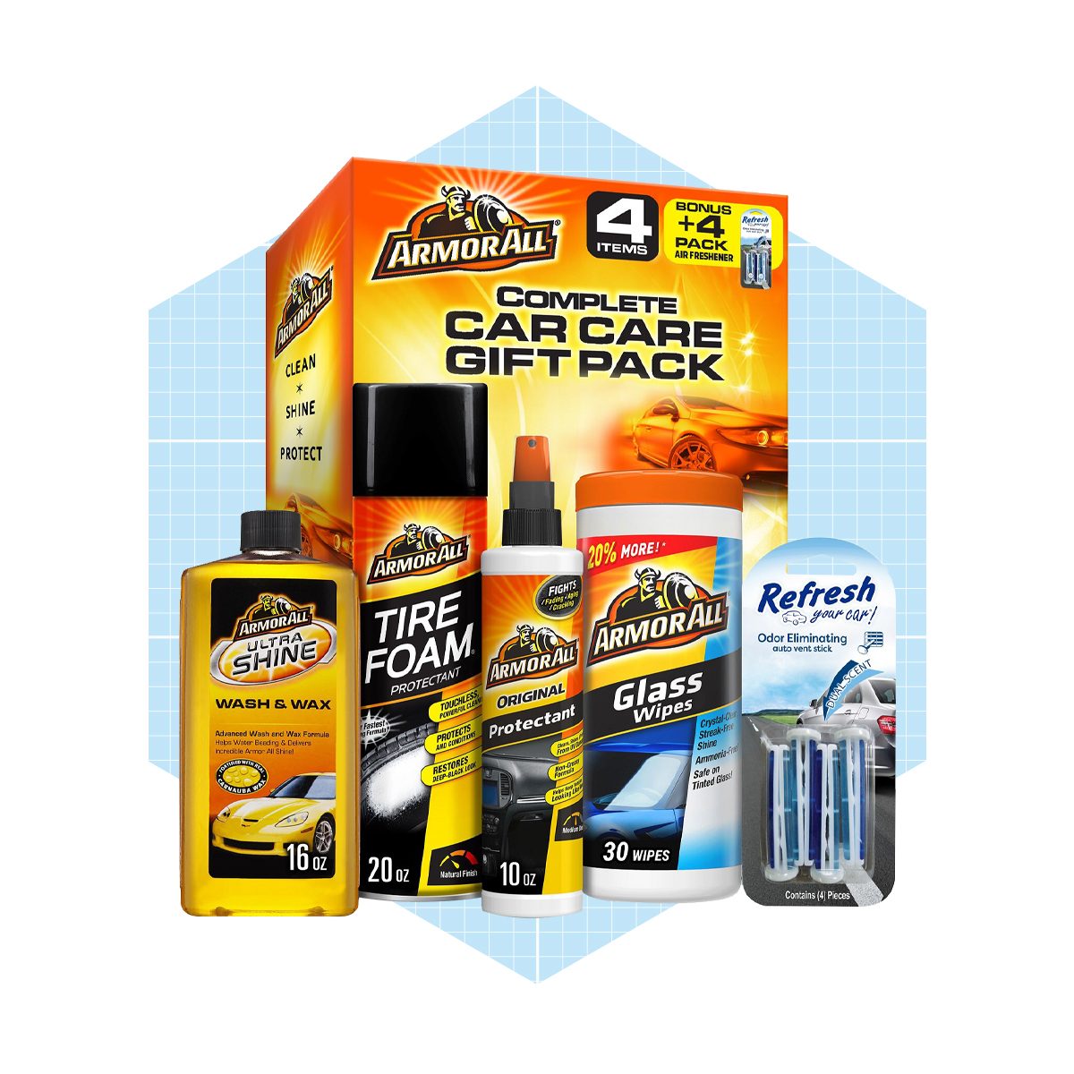 A car care gift pack contains various cleaning products, including tire foam, glass wipes, and an odor eliminator, displayed against a light blue background.