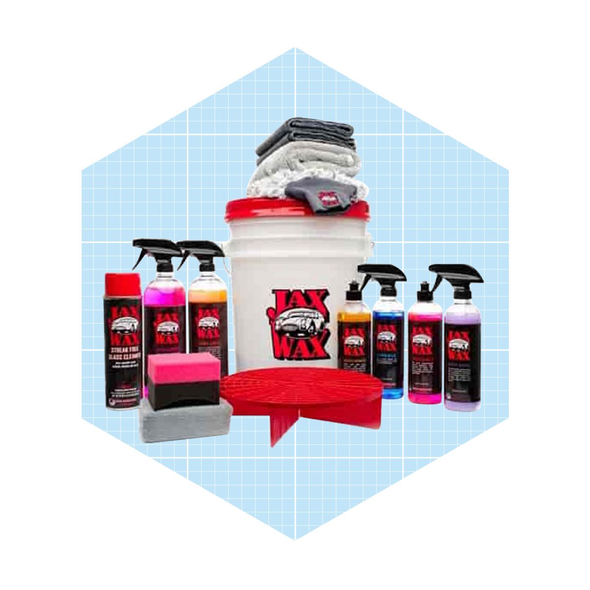 Car cleaning products are organized neatly with towels, sprays, wax, and tools on a light blue grid background.