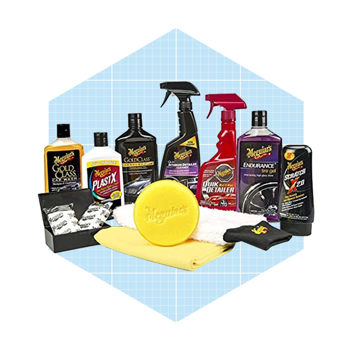 A collection of car care products, including sprays, wax, and cloths, arranged on a light blue geometric background, aimed at detailing and maintaining vehicle appearance.