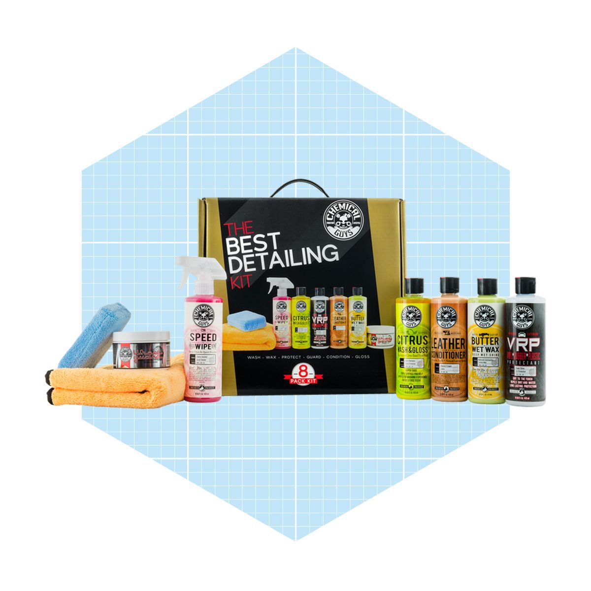 A car detailing kit displays various cleaning products, towels, and applicators, arranged in a hexagonal shape on a light blue grid background.