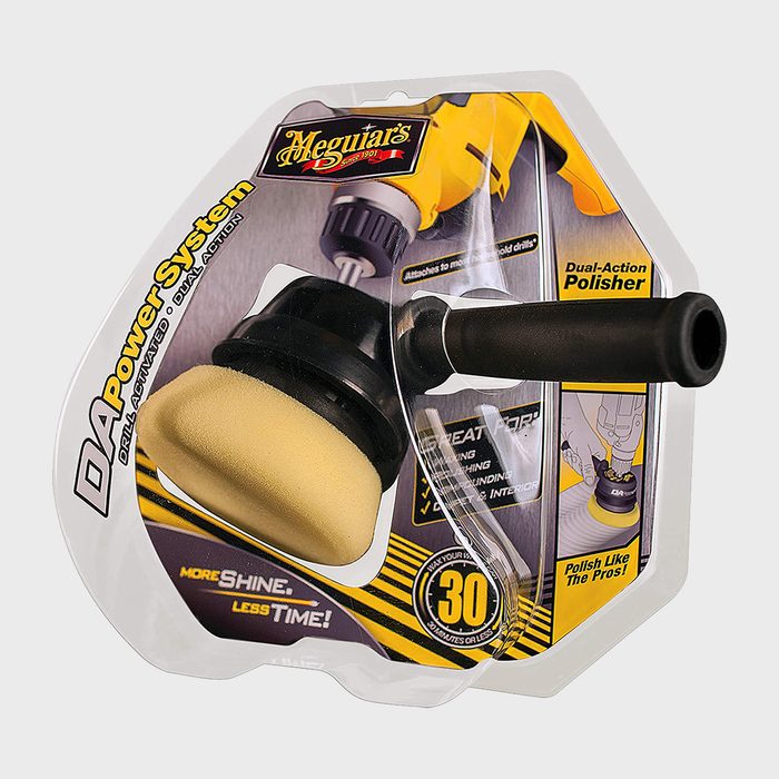 A dual-action polisher with a foam pad is packaged, designed to attach to drills for efficient polishing in automotive maintenance.