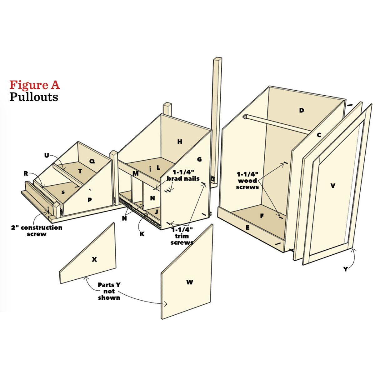 Wooden cabinet components are illustrated, showing assembly instructions with labeled parts and hardware specifications in a DIY context.