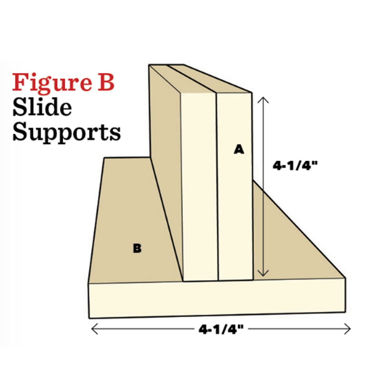 Two vertical slide supports labeled A and B are depicted on a base. They are shown in a simplified design with measurements specified.