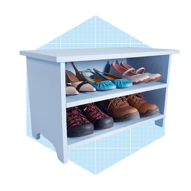A light blue shoe rack displays various pairs of shoes organized by type, set against a pastel grid background, suggesting a tidy interior space.