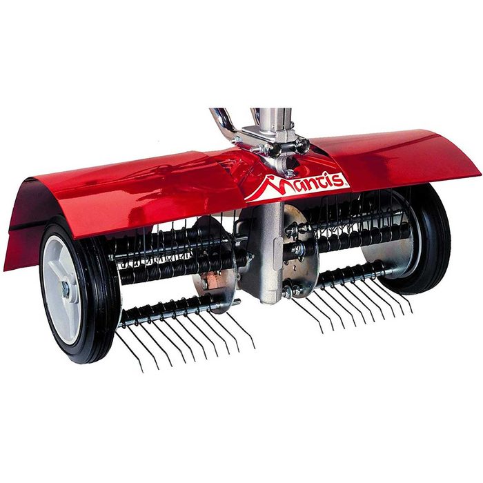 A red garden tiller features rotating tines on two wheels, designed for aerating soil and preparing garden beds in outdoor environments.