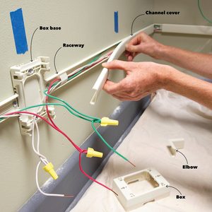 Hands install a channel cover over wires attached to a mounted box, against a wall with tape. A drop cloth is beneath the setup.