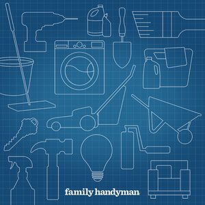 Various tools and household items are outlined on a blue grid background, suggesting renovation or maintenance activities. Items include a drill, mop, washer, and wheelbarrow.