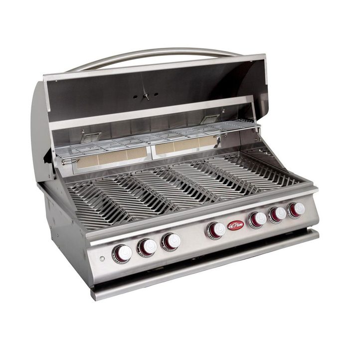 A stainless steel gas grill with multiple burners is opened, revealing grates designed for cooking. It's set for barbecue use, inviting outdoor meal preparation.
