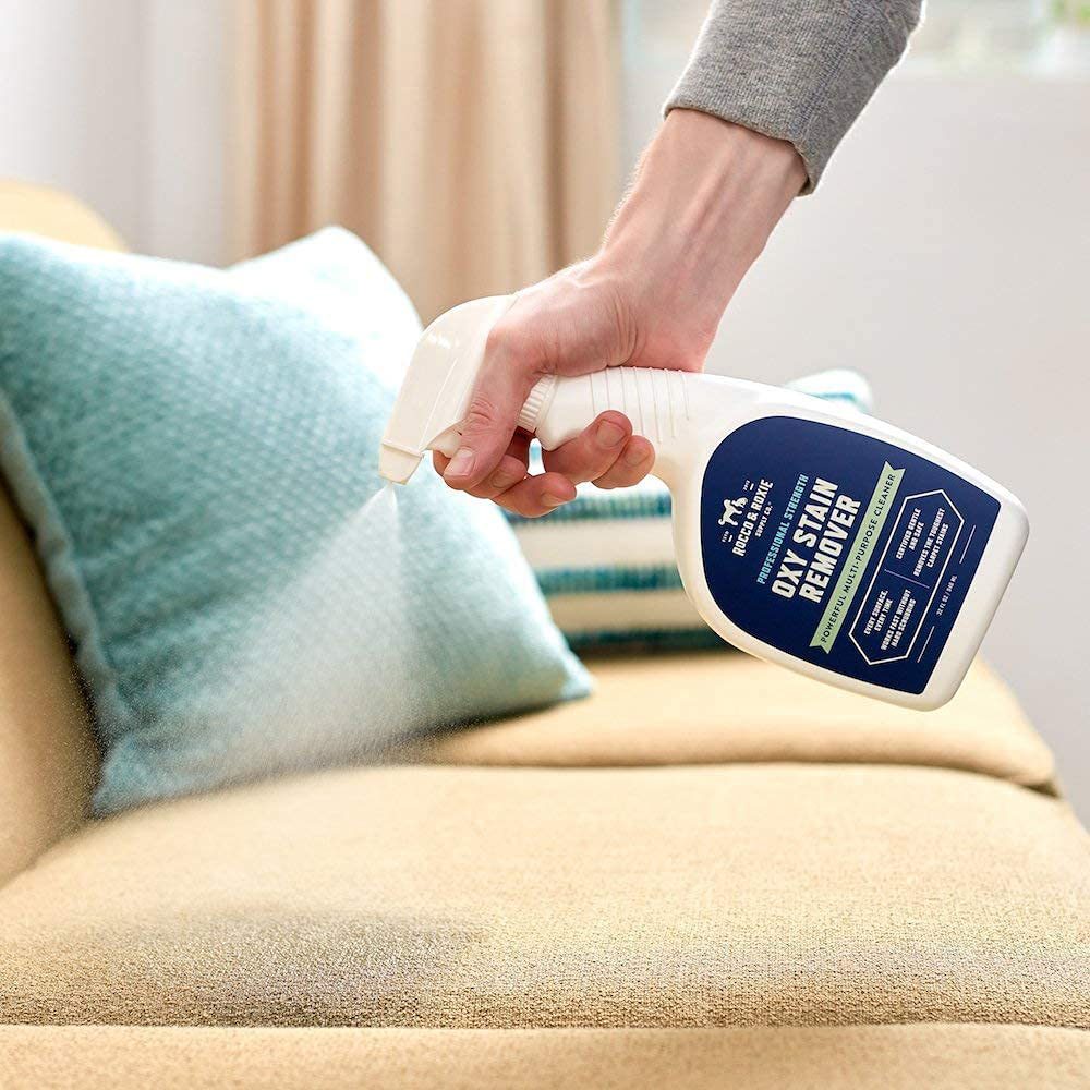 using Rocco & Roxie Oxy Stain Remover on a couch