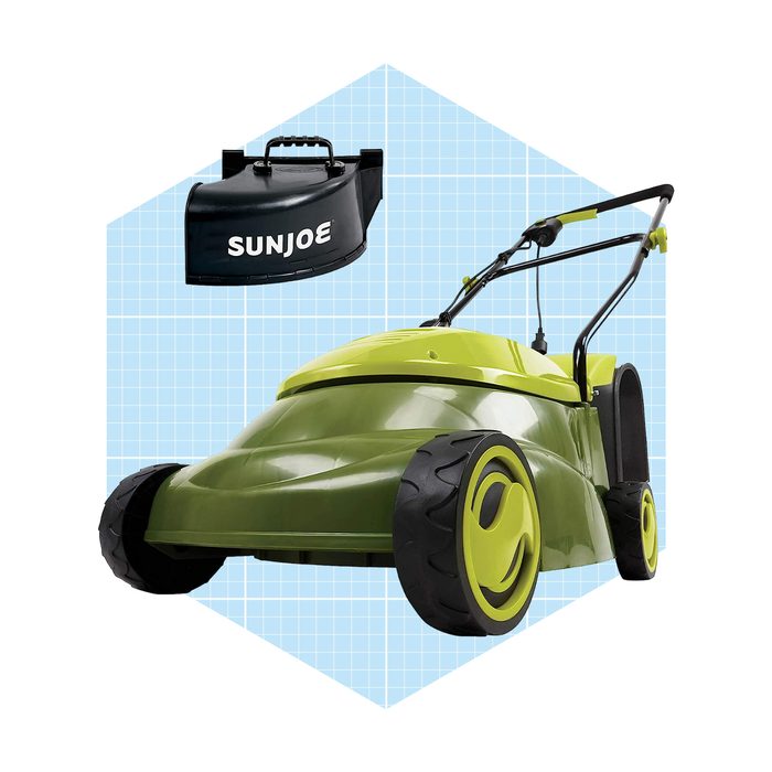 A green electric lawn mower with large wheels tasks completed in a grid-patterned background. A black grass collection bag is also displayed above.