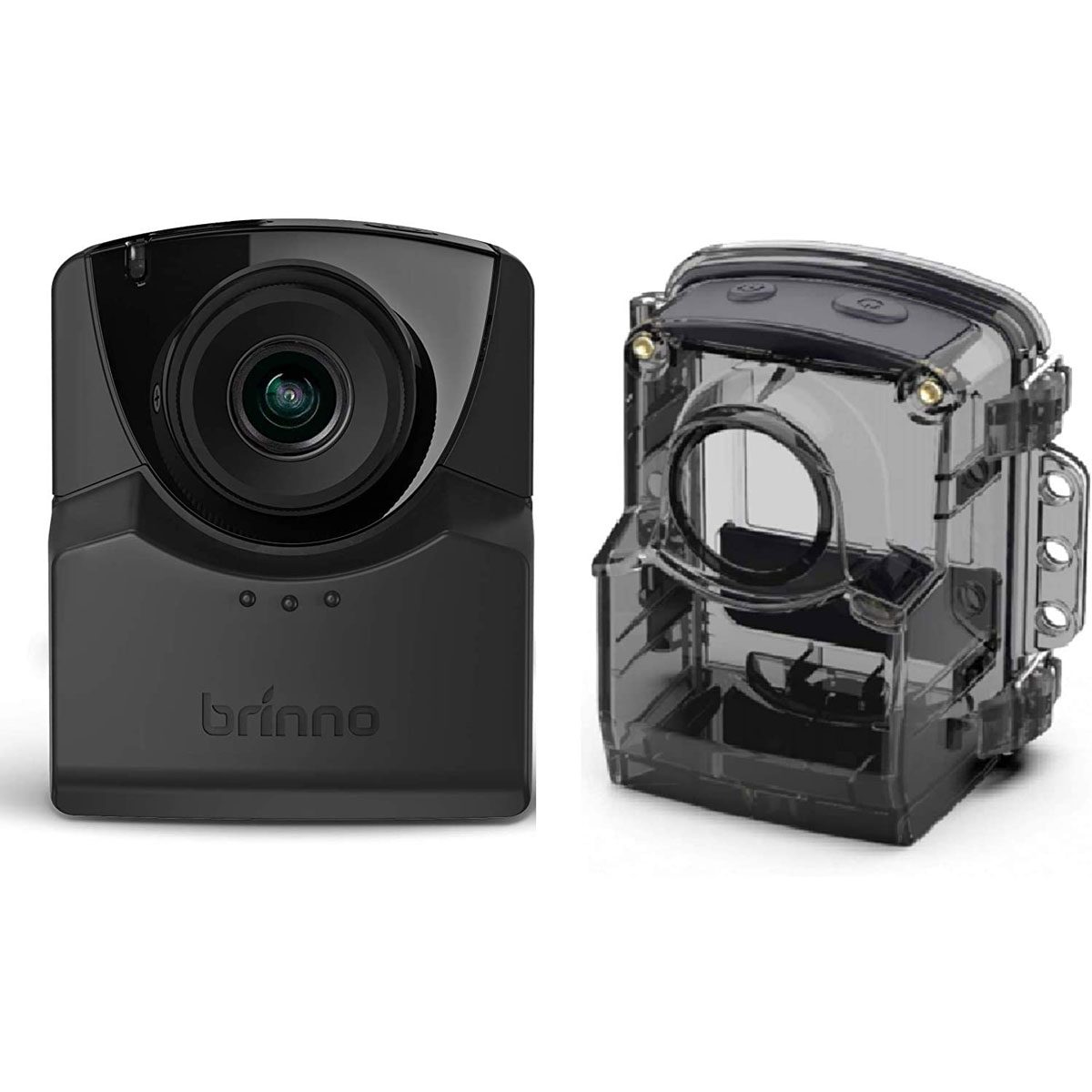 A black camera with a wide lens sits beside a transparent protective casing, designed for outdoor or rugged use, highlighting its functionality and durability.
