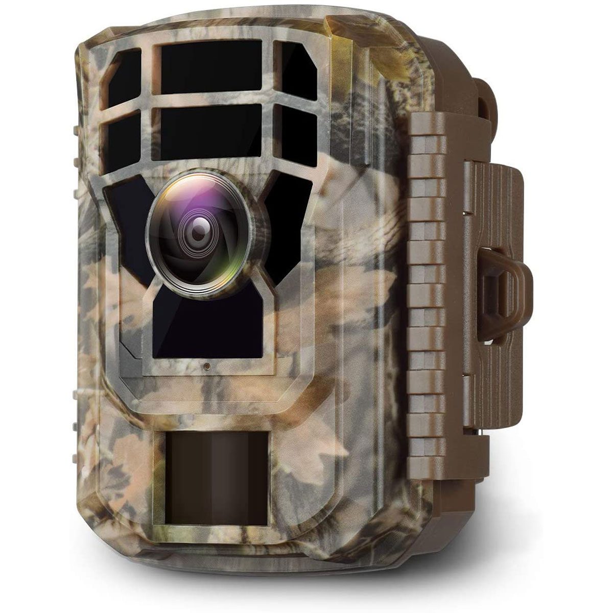 A camouflage trail camera captures images. It is positioned for surveillance, typically in wooded or natural outdoor environments.