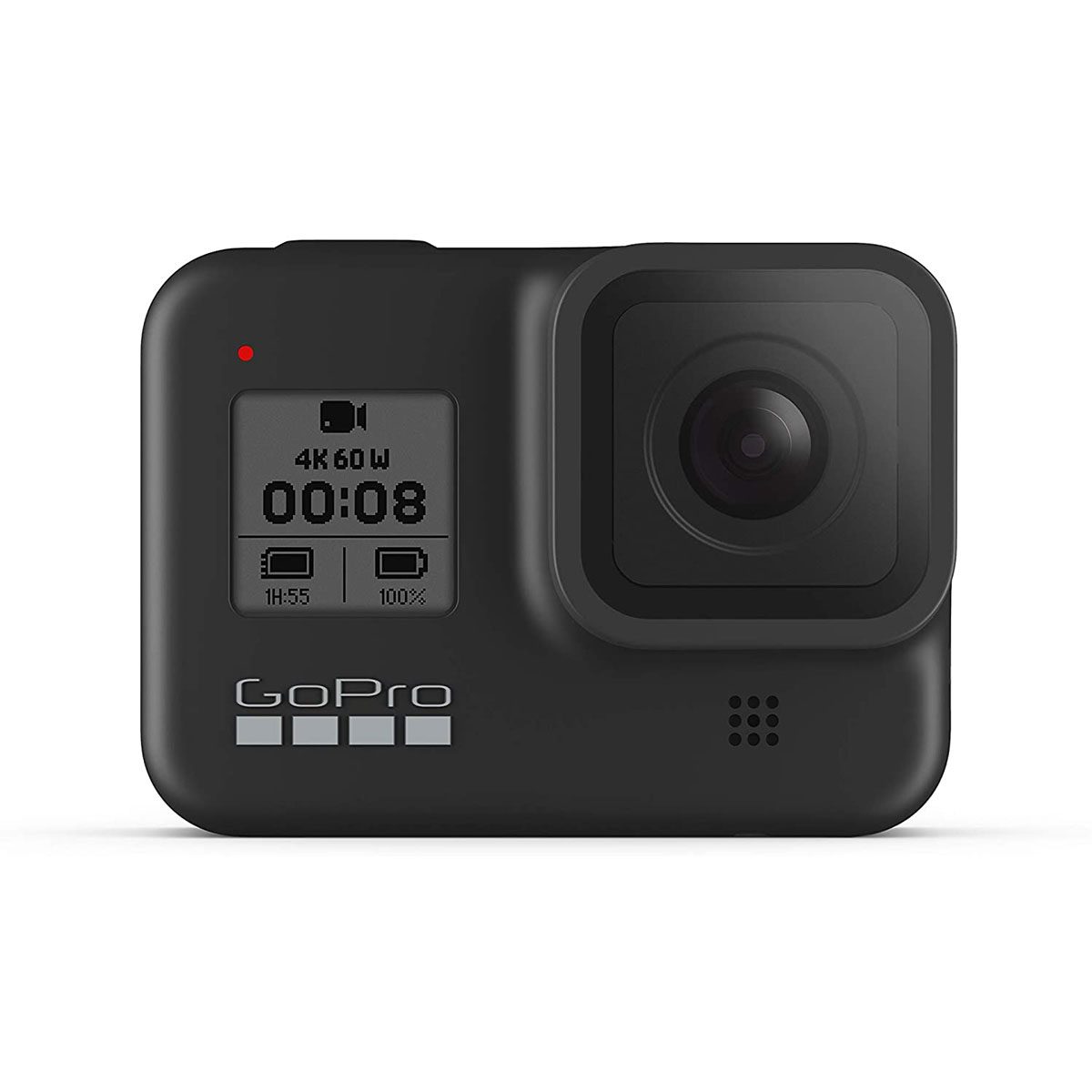 A black GoPro camera displays its recording status and battery life, designed for capturing high-quality video in various environments.