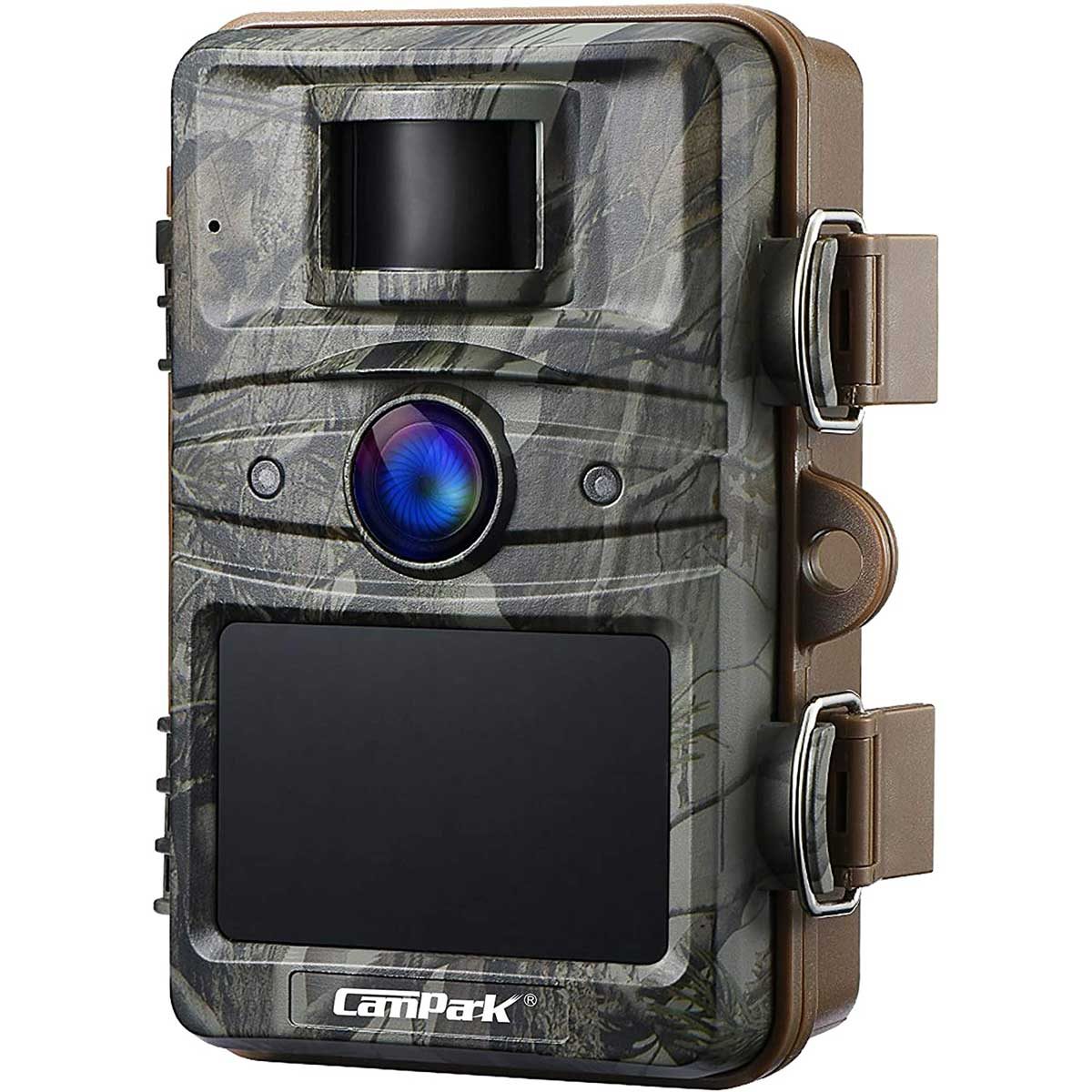 A camouflage trail camera captures wildlife activity, featuring a lens and sensor on the front, typically mounted in natural outdoor settings for monitoring purposes.