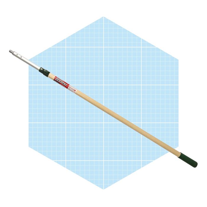 A long, wooden pole with a silver attachment at one end is displayed against a light blue grid background, suggesting it's used for reaching or lifting.