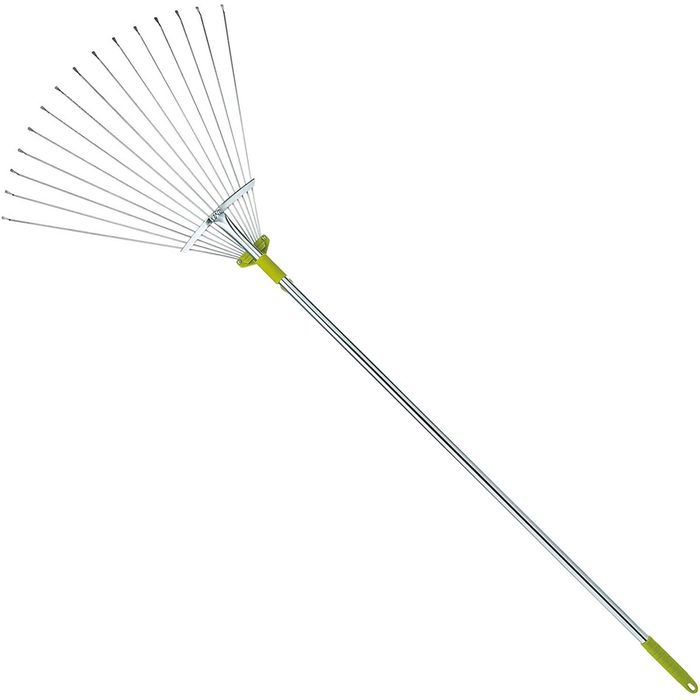 A metal rake has numerous long, thin tines attached to a sturdy handle. It is positioned diagonally against a plain background, suggesting a gardening context.