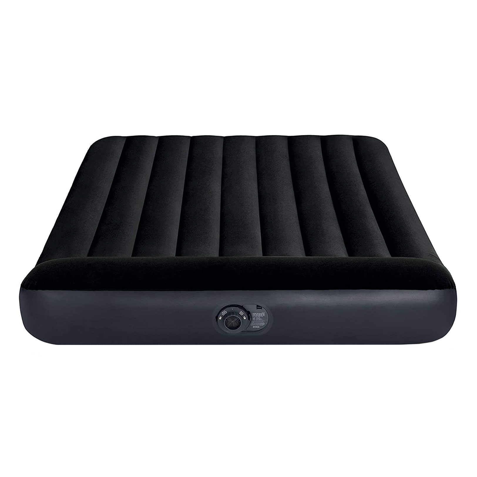 A black inflatable mattress lies flat with horizontal grooves. A control valve is visible on one side, suggesting functionality for inflation or deflation.