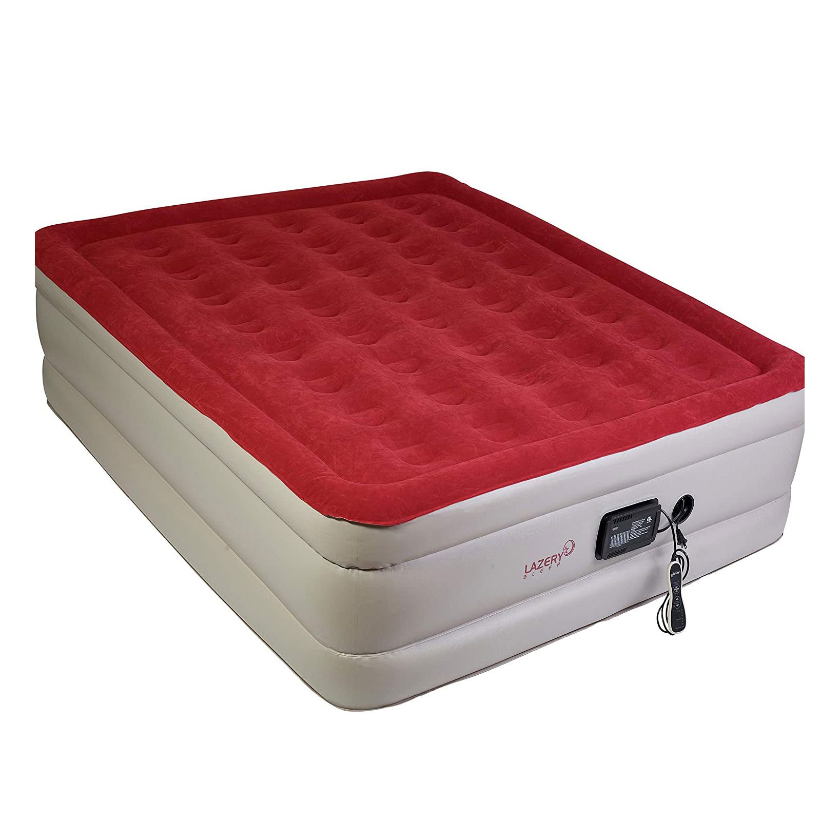 An inflatable mattress with a red, tufted surface is positioned, equipped with a control panel for inflation, suitable for temporary sleeping arrangements.